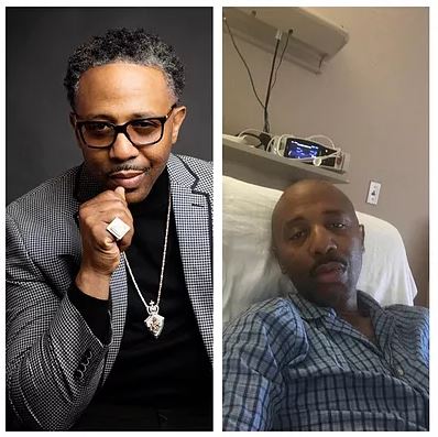 Image of Lorenzo Williams wearing grey sport coat over black shirt with long silver necklace next Lorenzo in hospital bed